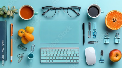 A blue desk with a keyboard, mouse, glasses, coffee cup, orange, and other office supplies. photo