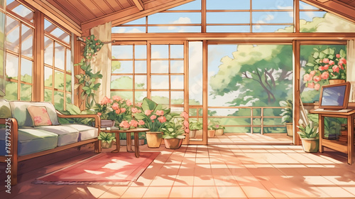 interior of a house with big windows in cartoon anime style photo