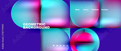 A vibrant geometric background with circles and squares in shades of azure, purple, and violet on a blue backdrop, resembling water with pops of aqua and magenta