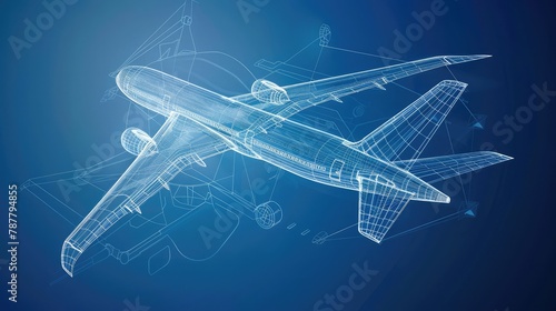 A highly detailed airplane depicted in a blueprint sketch style, showcasing the engineering and design of aviation technology. © Amer