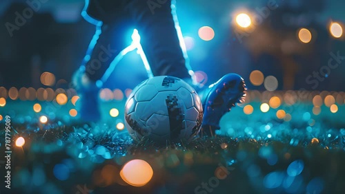 Teenagers foot kicking a soccer ball on rain saturated ground backlit by floodlights. Pushing shot in slow motion freezing the action. photo