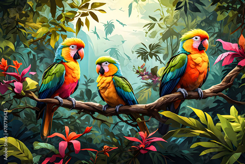 Imagine a colorful array of tropical birds perched among the branches of towering trees in a vector art illustration image. 