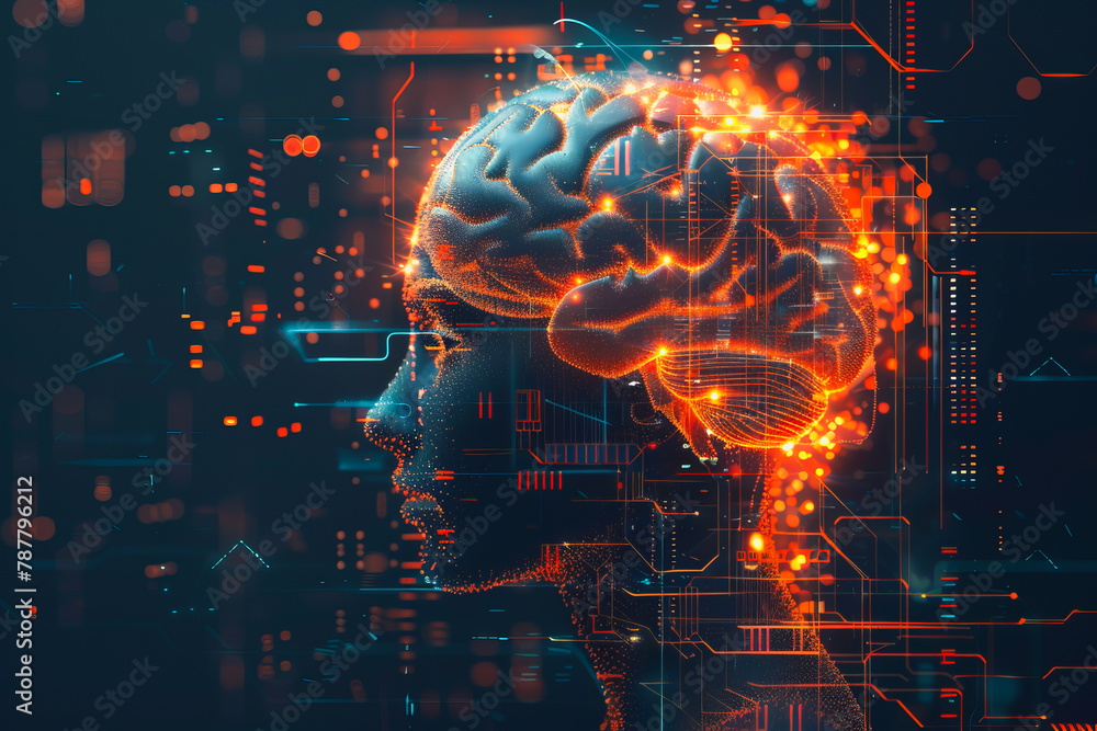 An illustration of a person's brain with AI related concepts integrated into the neural network. An illustration of a person's brain with AI related concepts integrated into the neural network.
