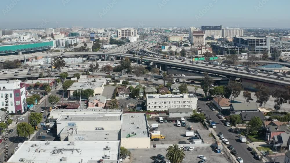 Aerial view of congested, busy, crowded highway traffic in urban Los Angeles Aerial view of congested, busy, crowded highway traffic in urban Los Angeles