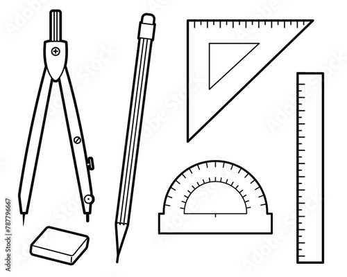 Stationery, school, supplies set. compasses, pencil, eraser, straight scale, protractor, triangle, ruler. Vector school supplies,  outline illustration on white background, design element