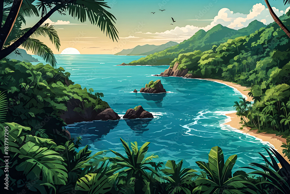 A breathtaking vista overlooking the lush greenery of the tropical forest as it meets the azure waters of the ocean vector art illustration image.


