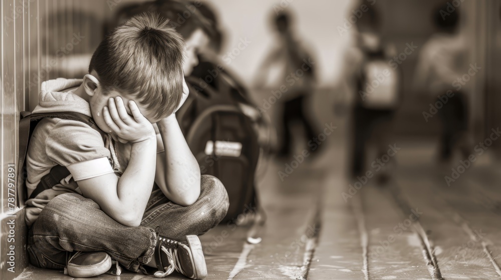 boy, age unspecified, sits on the floor, head in hands; backpack lies before him boy, age unspecified, sits on the floor, head in hands; backpack lies before him