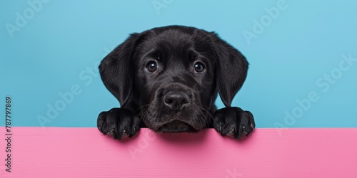 A black dog peaks over a pink-and-blue wall, paws on edge