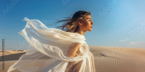  A woman in a white dress stands in the sand, a scarf encircling her neck, as her hair billows in the wind