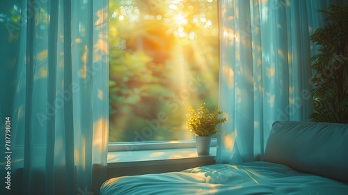   A bed sits by a window, home to a planted vase..Or:..Beside a window, a bed is placed; a vased plant rests on the