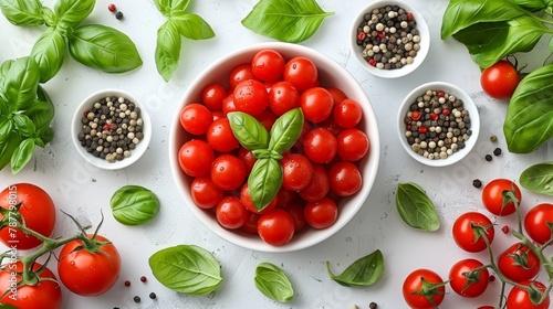   A white bowl overflowing with tomatoes Nearby  small white bowls hold green leaves and another set  red and black seeds