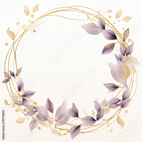 a wreath of purple flowers and leaves on a white background