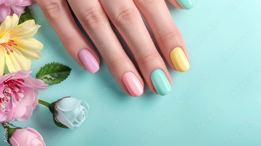   Woman's hand with multicolored manicure beside blue background blooms - a bouquet of flowers