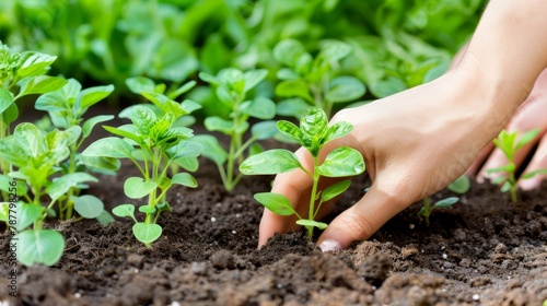   A tight shot of a hand engulfing soil as it grasps for a plant, surrounded by various greenery in the background