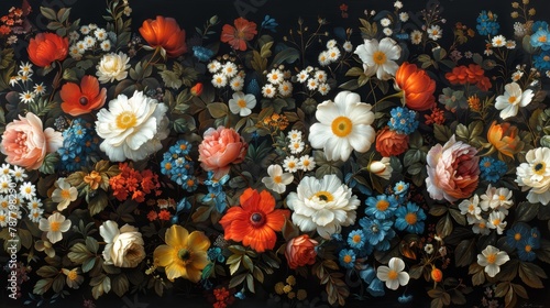   A painting of a bouquet of flowers, with leaves and additional blooms on the lateral sides, and none at the back photo
