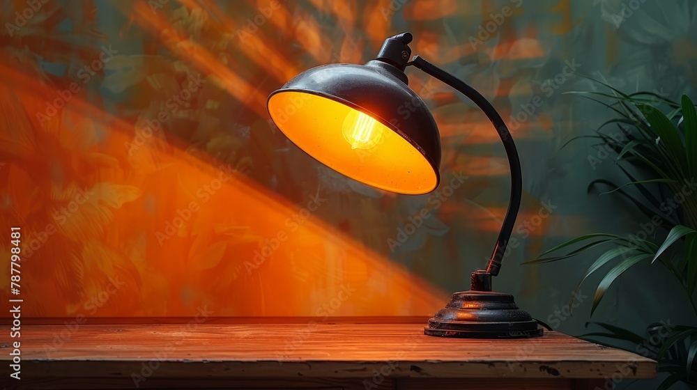 A desk lamp atop a wooden table, near a potted plant also resting there A desk lamp atop a wooden table, near a potted plant also resting there