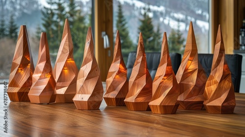  A collection of wooden sculptures atop a wooden table, beside a window overlooking snow-covered mountains