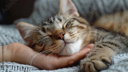  A cat lying on one hand with its head resting on another cat's hand