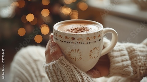  A person tightly holds a steaming mug of hot chocolate in focus, Christmas tree adorned with twinkling lights visible behind