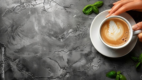   A saucer holds a cup of cappuccino, its foam crowned by a delicate leaf drawing photo