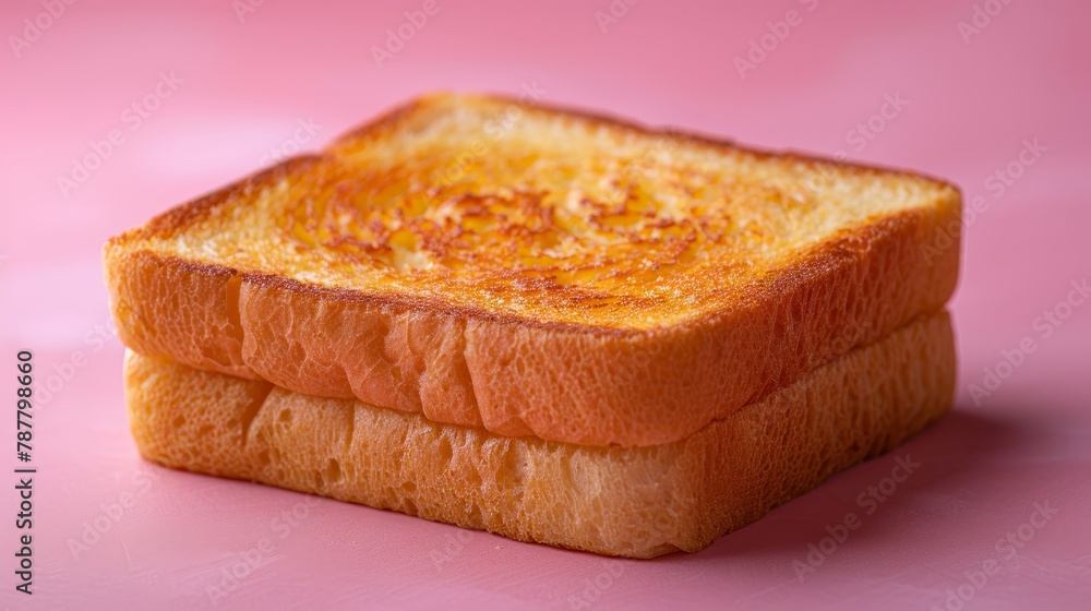   A toasted sandwich on pink surface, one slice absent; remaining pieces on opposite side