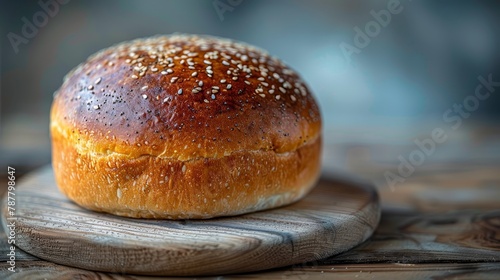  A loaf of bread atop a wooden cutting board on a vintage table, background softly blurred