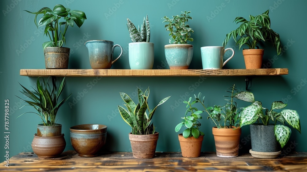   A wooden table holds a shelved array of numerous potted plants, facing a verdant green wall