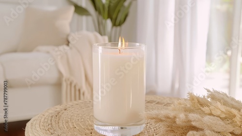  A white candle atop a table, nearby a vase with a plant and a white couch in the background