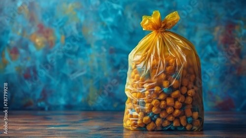   A plastic bag holding yellow and blue candies sits on a weathered wooden table against a backdrop of blue and green hues