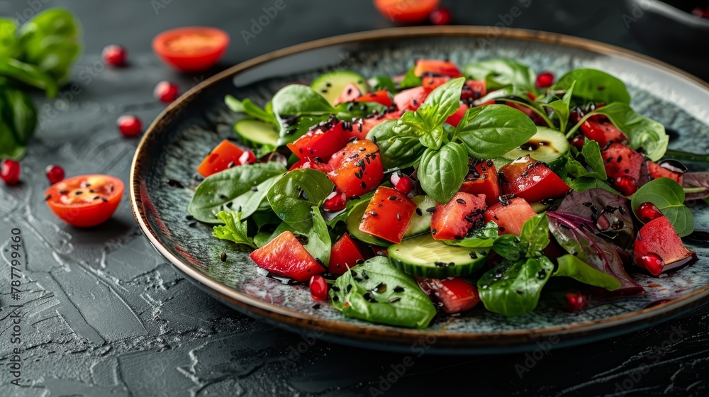  A table bears a salad plate filled with spinach, tomatoes, cucumbers, and an avocado