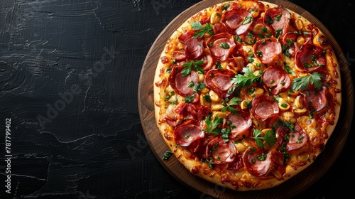  A pizza with pepperoni and various toppings on a wooden platter against a black backdrop
