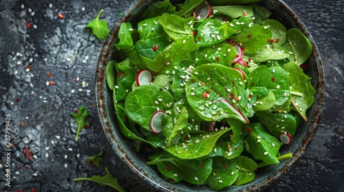   A black surface holds a bowl of green salad topped with radishes and a sprinkle of seasonings photo