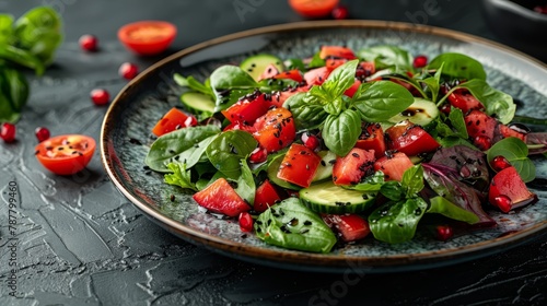  A table bears a salad plate filled with spinach, tomatoes, cucumbers, and an avocado