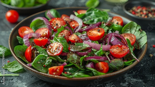  A tight shot of a plate filled with spinach, tomatoes, onions, and various vegetables