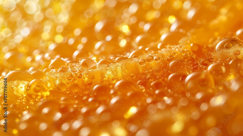   A tight shot of numerous bubbles atop a yellow water surface, displaying water droplets clinging to their bases