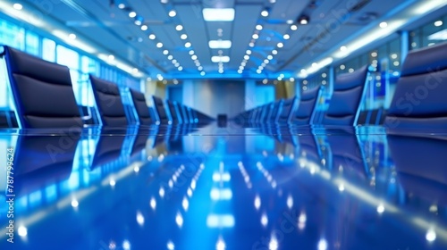 A room with blue chairs and ceilings adorned with lights Shiny floor reflects both