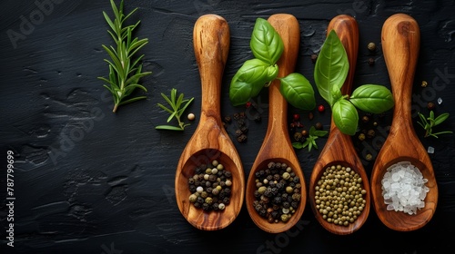  A collection of wooden spoons holding various spices alongside herbs and seasonings against a black background
