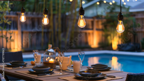 A set of pendant lights hang over an outdoor dining table, casting warm light on the space set outdoors by a pool and fence.