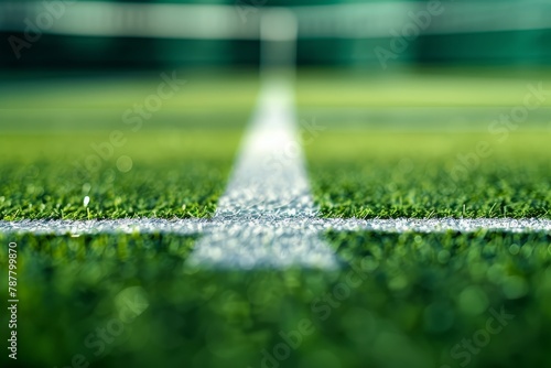  A tight shot of a lush green grass field featuring two parallel white lines, one at each edge
