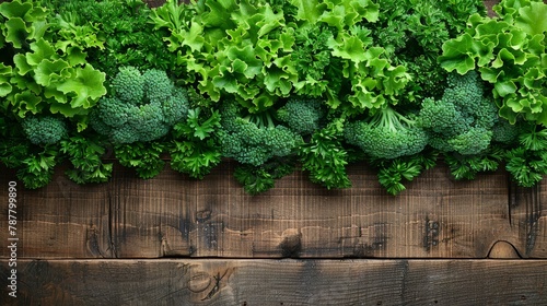   A tight shot of abundant broccoli in a wooden planter, teeming with lush green leaves
