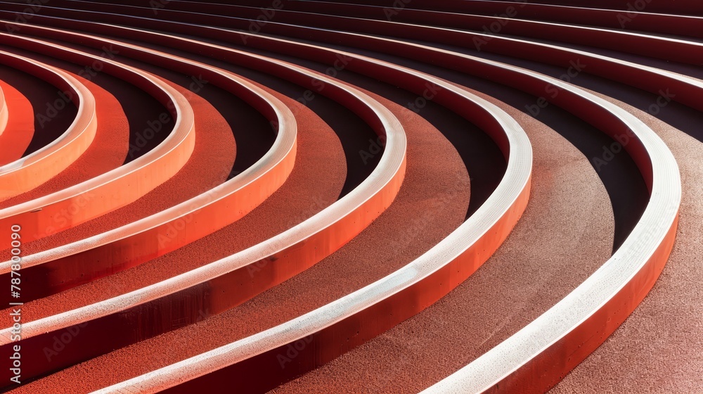 A curved bench row in orange sits atop a red-carpeted floor Nearby stands a building, its clock atop A curved bench row in orange sits atop a red-carpeted floor Nearby stands a building, its clock atop