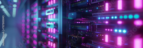 A server rack in a data center in closeup, illuminated by glowing purple and blue lights, with shelves filled with storage disks. photo