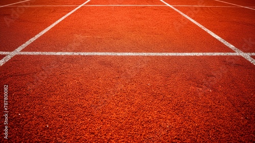   A red tennis court is outlined with white lines Two white lines run down the center, dividing it lengthwise © Jevjenijs