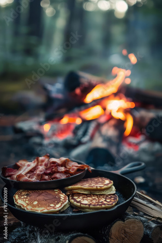 A camping fire features a cast iron pan filled with pancakes and bacon, with a campfire in the background.