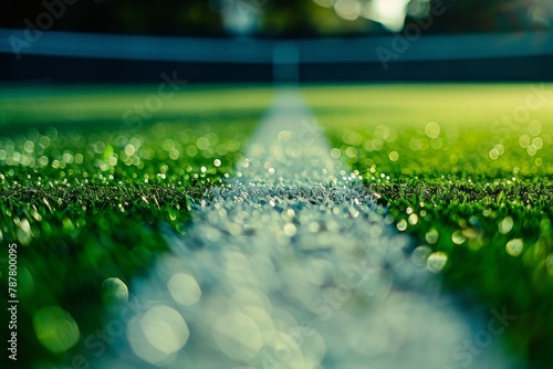  A tight shot of a lush green grassfield, marked by a distinct white line, and adorned with pearls of water droplets