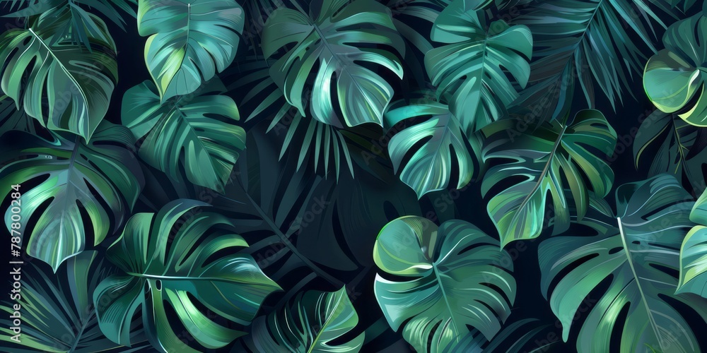 Green monstera leaves on a dark backdrop form a calming wallpaper illustration. Green monstera leaves on a dark backdrop form a calming wallpaper illustration.