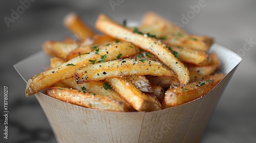   A tight shot of French fries in a basket, garnished with parsley atop and sprinkled with seasoning