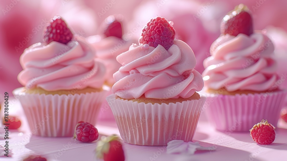 A tight shot of three cupcakes, each adorned with frosting and a strawberry atop A tight shot of three cupcakes, each adorned with frosting and a strawberry atop