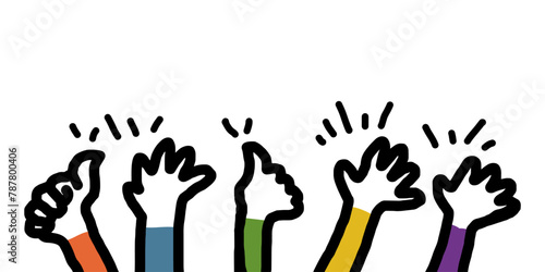 Hand drawn of hands up, applause, thumbs up gesture on doodle style. vector illustration
