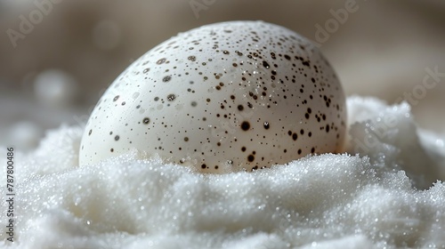  A tight shot of a bird egg amidst a mound of frothy white snow